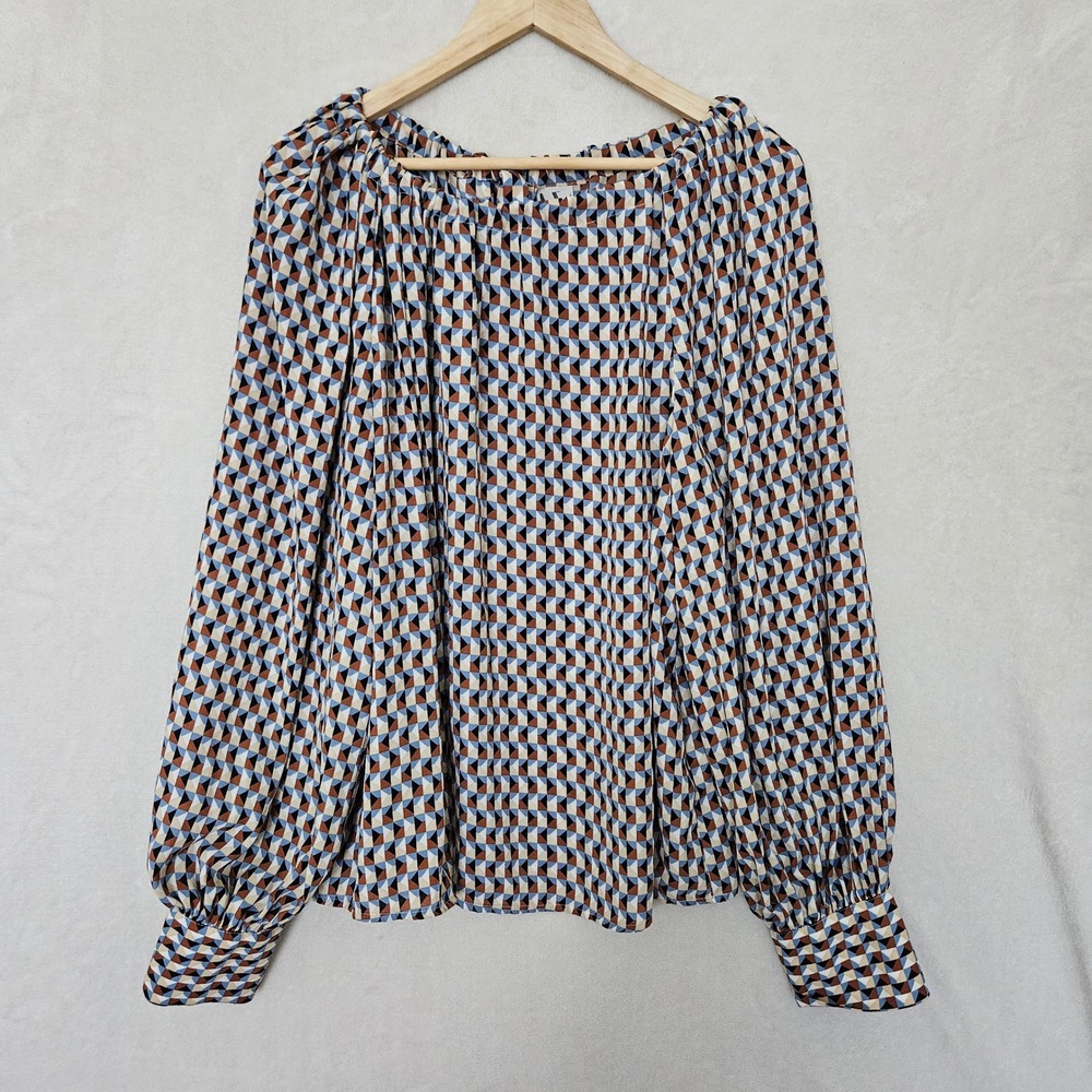 Worthington Geometric Triangle Print Balloon Sleeve Blouse Blue Brown XXL
